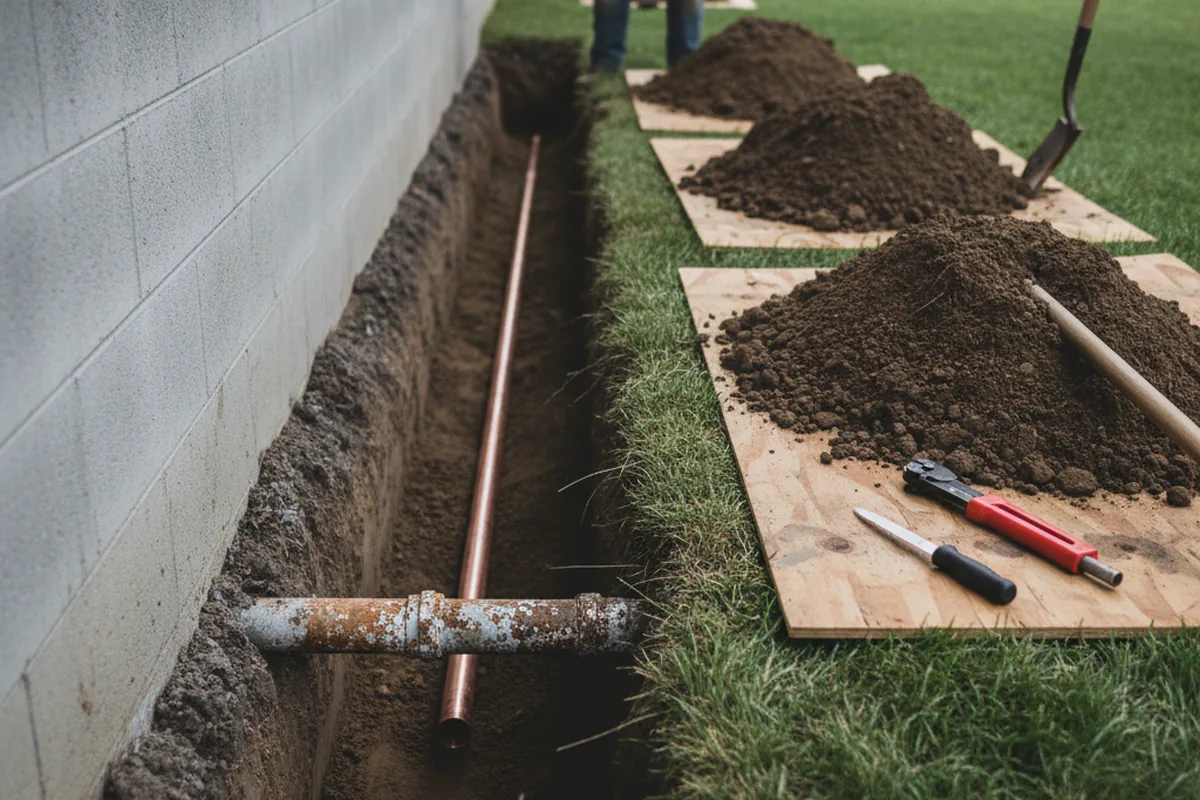 Excavated water line trench during Water Softener Installation in Longs